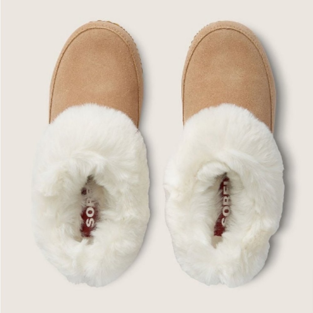 Sorel Women’s Go Coffee Run Slippers Tan Suede Leather Fur Slip On Shoes NWT